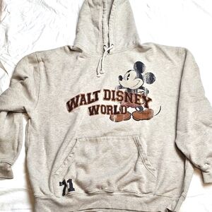 Walt Disney World L Beige Tan Embroidered Hoodie Pullover Kanagroo Pocket Mickey